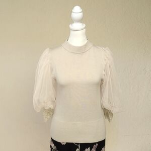 Gracia Mock Neck Tulle and Lace Puffed Sleeves Knit Blouse Size Small